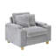 Grey corduroy single sofa with one pillow, two throw pillows, a footstool and two storage Spaces.
