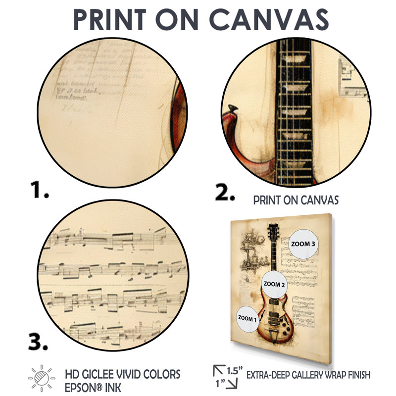 Guitare électrique, Illustration rétro, partition musicale - musique, art mural, Toile avec cadre flottant brun