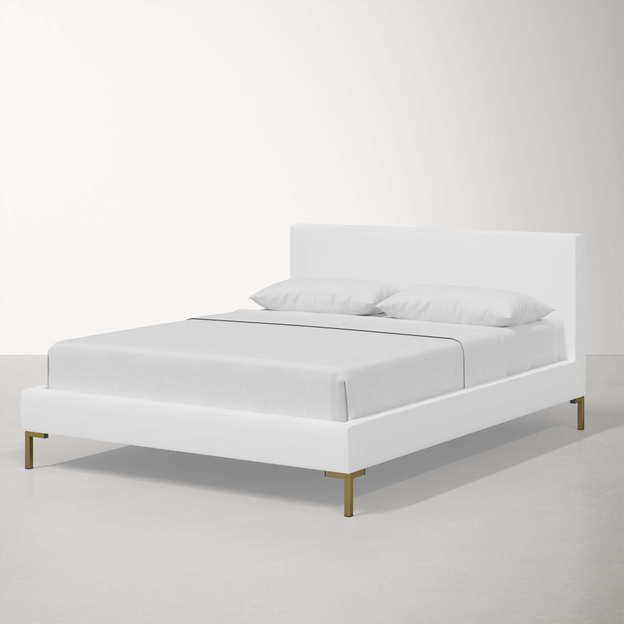 Rand Upholstered Bed, Queen, Brass, White Performance Twill