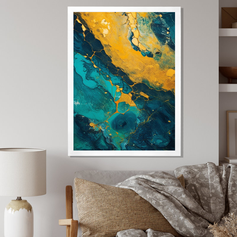 «Golden Sunset over Teal Ocean», reproduction d'art sur toile, H 44 po x l 34 po x P 1,5 po, Cadre simple blanc