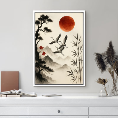 «Cranes with Red Moon Pine and Bamboo Landscape Art», reproduction d'art sur toile encadrée