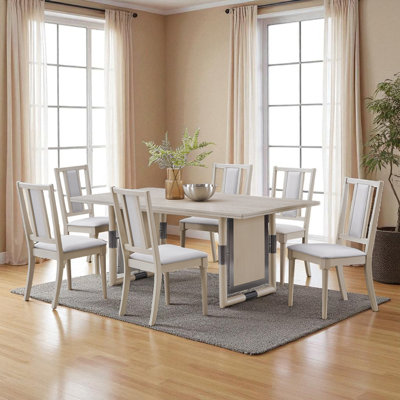 Ensemble de salle à manger moderne 7 pièces et chaises à dossier à lattes rembourrées en bois clair, convenant à 6 à 8 personnes