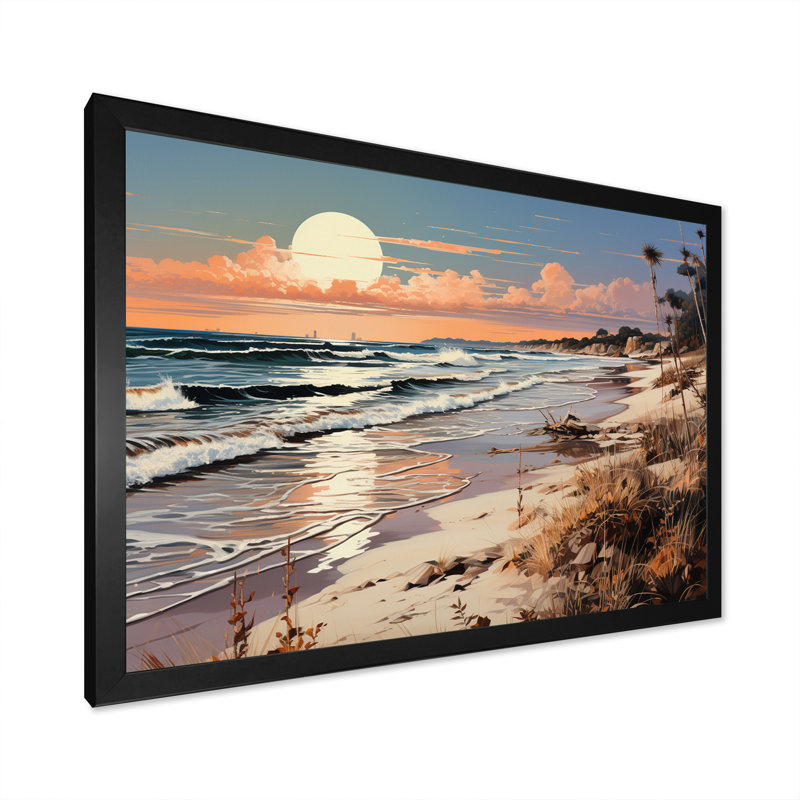 «Sunset Ambianc Full Moon Rising Over Beach», reproduction sur toile, H 16 po x l 32 po x P 1 po, Cadre simple noir