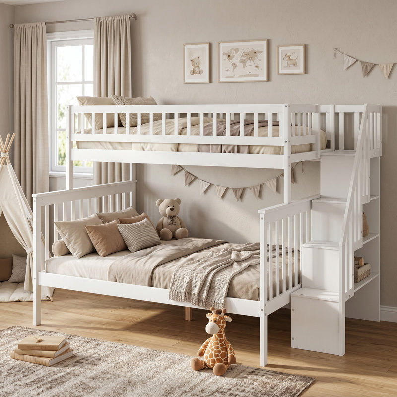 Dossena Standard Bunk Bed with Shelves, White, Twin over Full