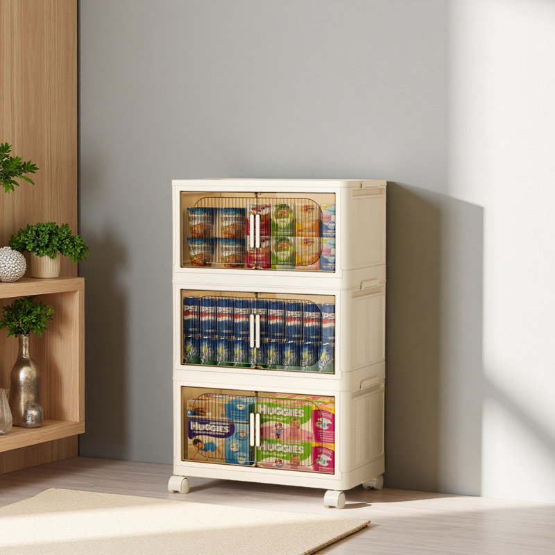 Large armoire de rangement pliante, bacs de rangement pliables avec porte magnétique, armoire de rangement en plastique avec roulettes, organisateurs de garde-robe et contenants de rangement