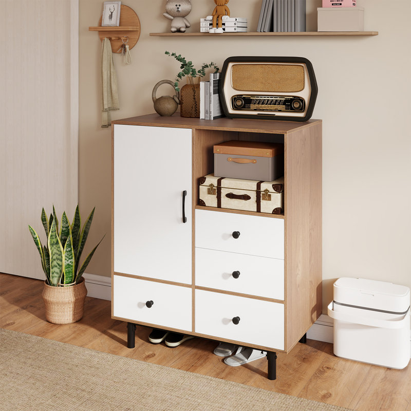 Buffet Sideboard w/ 4 Drawers & Open Compartment Heavy-Duty Metal Legs Natural, Natural/White