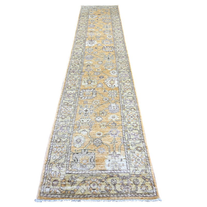 Tapis de couloir oriental brun doré noué à la main 2 pi 8 po x 13 pi 6 po 2 pi 8 po x 13 pi 6 po