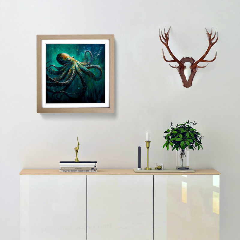 Octopus Palette Knife Painting - Single Picture Frame Print on Wood, Oak