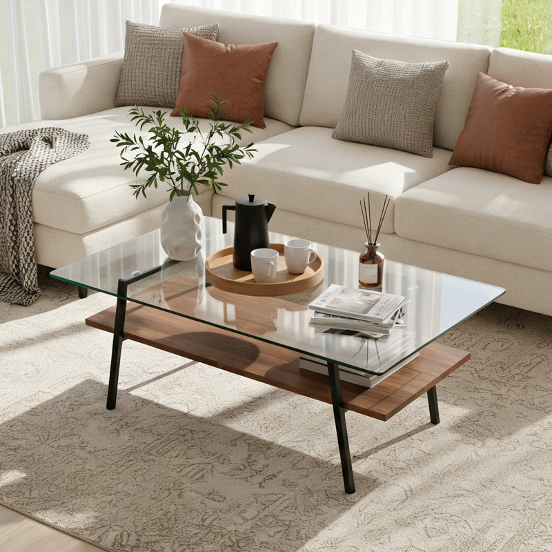 Table basse moderne en verre rectangulaire avec tablette en bois et structure en métal, table de salon moderne, Transparent