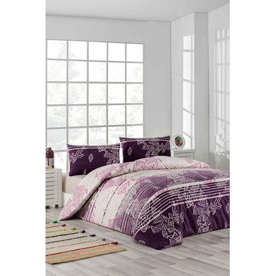 Ensemble de housse de couette de luxe, 100% coton Ranforce, mauve et blanc, 94,5 po x 86,6 po | 2 taies d'oreiller (23,6 po x 23,6 po) | Impression de pigments, lavable à la machine, fermeture à boutons élégante | Literie douce et durable