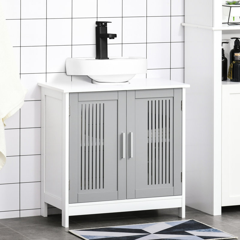 Armoire de salle de bain moderne sous le lavabo - gris et blanc, peu encombrante, tablettes réglables, armoire blanche 2 portes, robuste pour une utilisation quotidienne