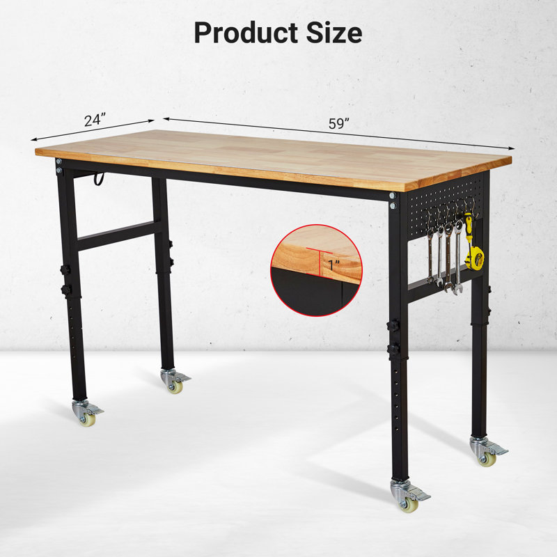 Établi réglable 60 po, table de garage mobile robuste avec plateau en bois d'hévéa, prise de courant, panneau perforé