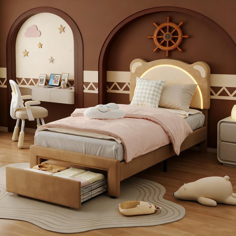Twin XL Size Kids Velvet Platform Bed Frame With LED Lights Storage Drawer Adjustable Bear Headboard Solid Wood Slats Noise Free Brown Color