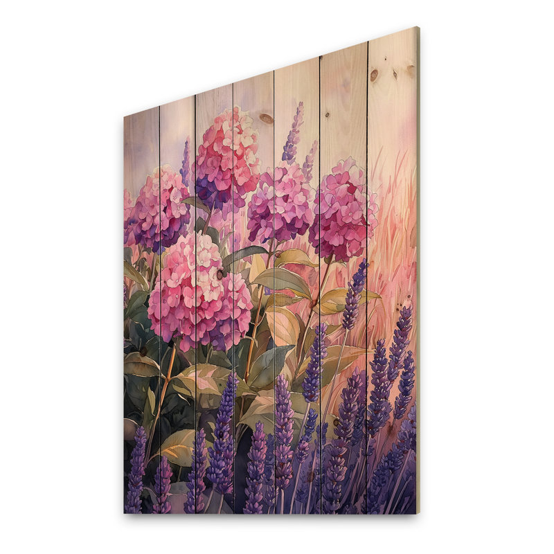 Hortensias dans un champ de lavande I - décoration murale en bois d'hortensias - sur bois de pin naturel
