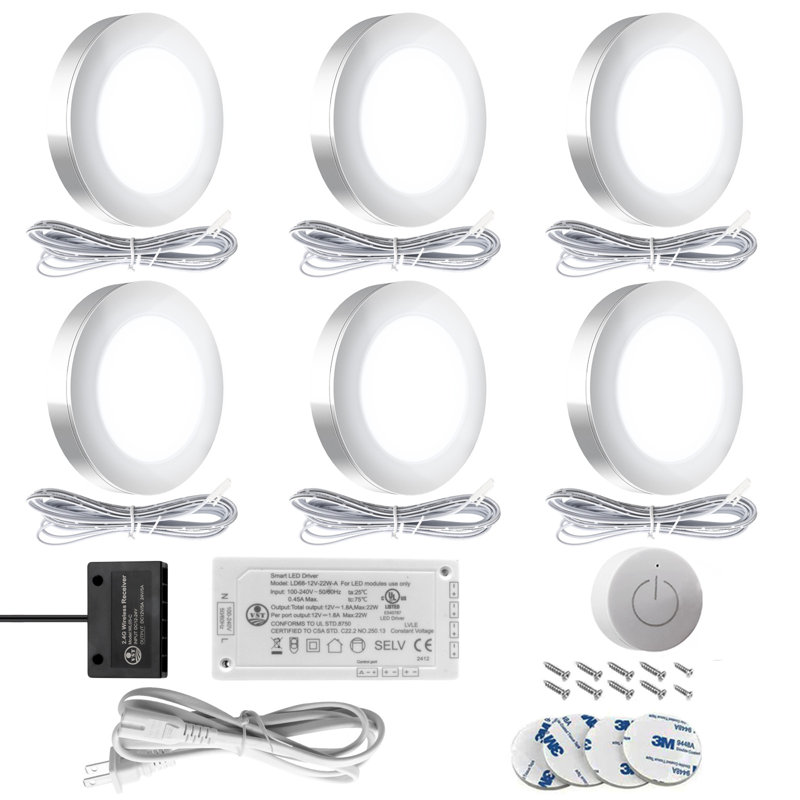 6 Pack 4000K Mini Puck Light with Wireless Dimmer 12V 1.8W/pc for Under Cabinet Lighting