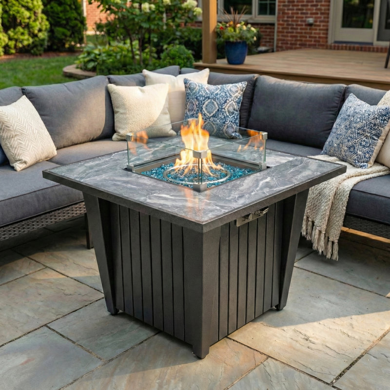 Raelynn 25” H x 32'' W Outdoor Propane Fire Pit Table with Glass Wind Guard, Lid and Hideaway Gas Tank Seat, Marble Ceramic Tabletop, Fence Base Unique Design 50,000 BTU