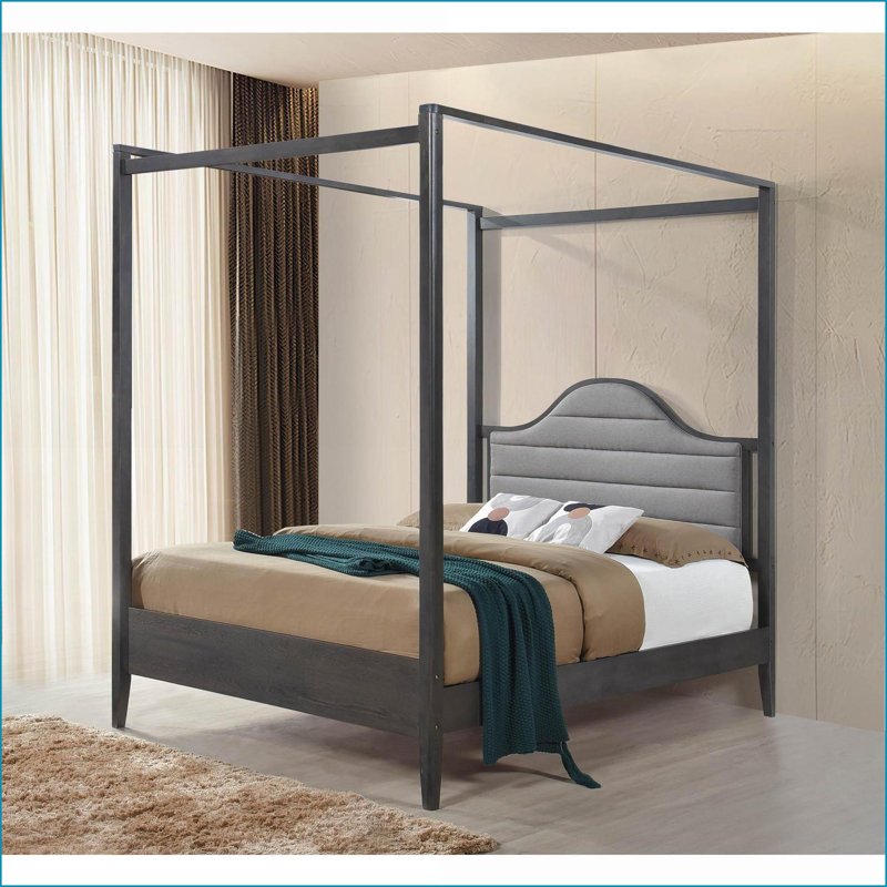 Grand lit à baldaquin en bois avec tête de lit tapissier - Brun brossé pour chambre à coucher