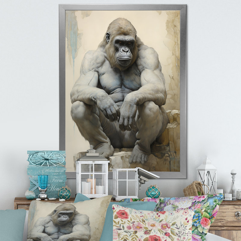 «Thoughtful Gorilla» sur impression sur toile, Cadre simple argenté, H 40 po x l 30 po x P 1,5 po