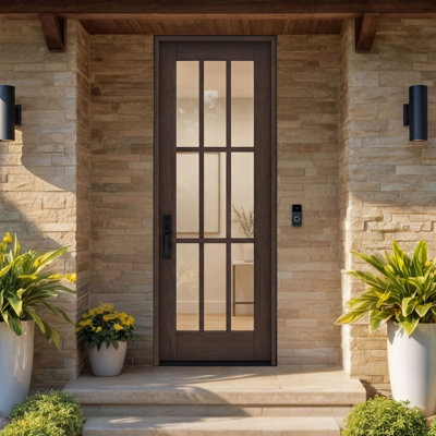 G109-SW-96 | 96" Single Door, RTA Prehung Exterior, SDL 9 Lite, Unfinished Mahogany Wood