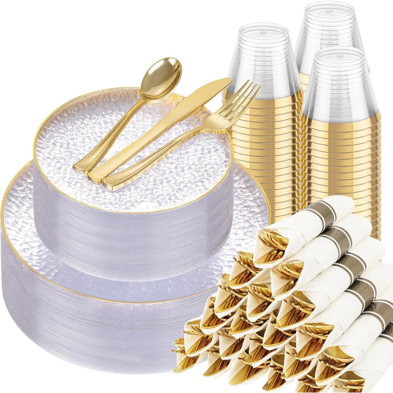 350pcs Clear Gold Plastic Plates - Clear Plastic Dinnerware Set
