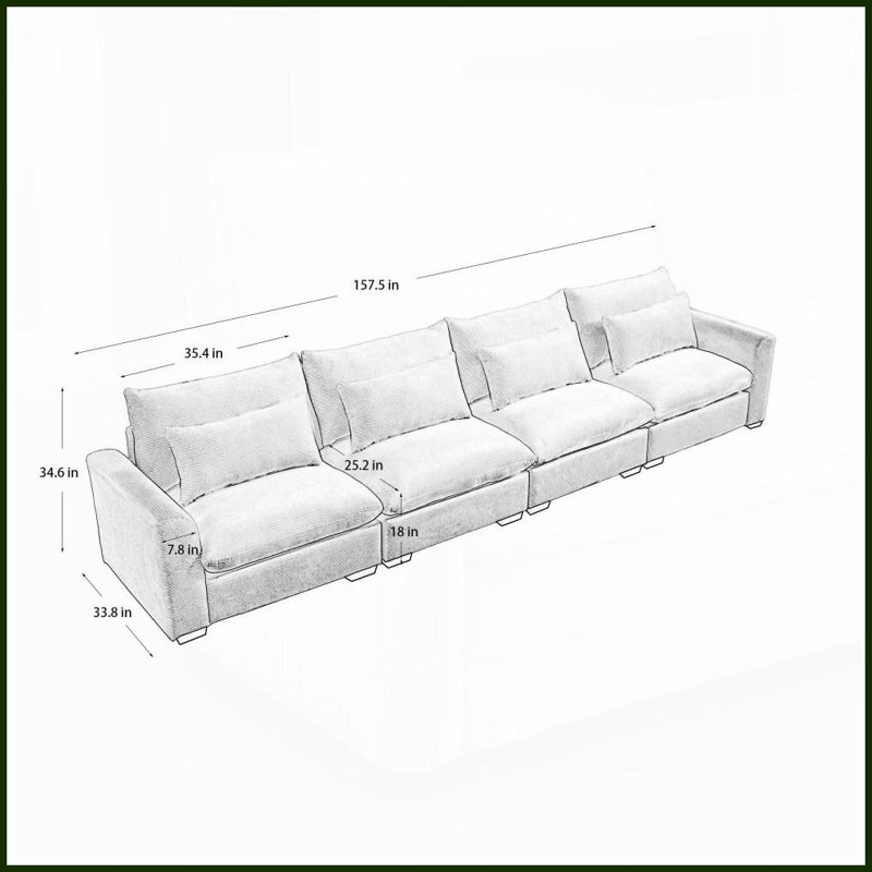 Canapé moderne en velours côtelé beige à 4 places avec 4 coussins de taille pour le salon
