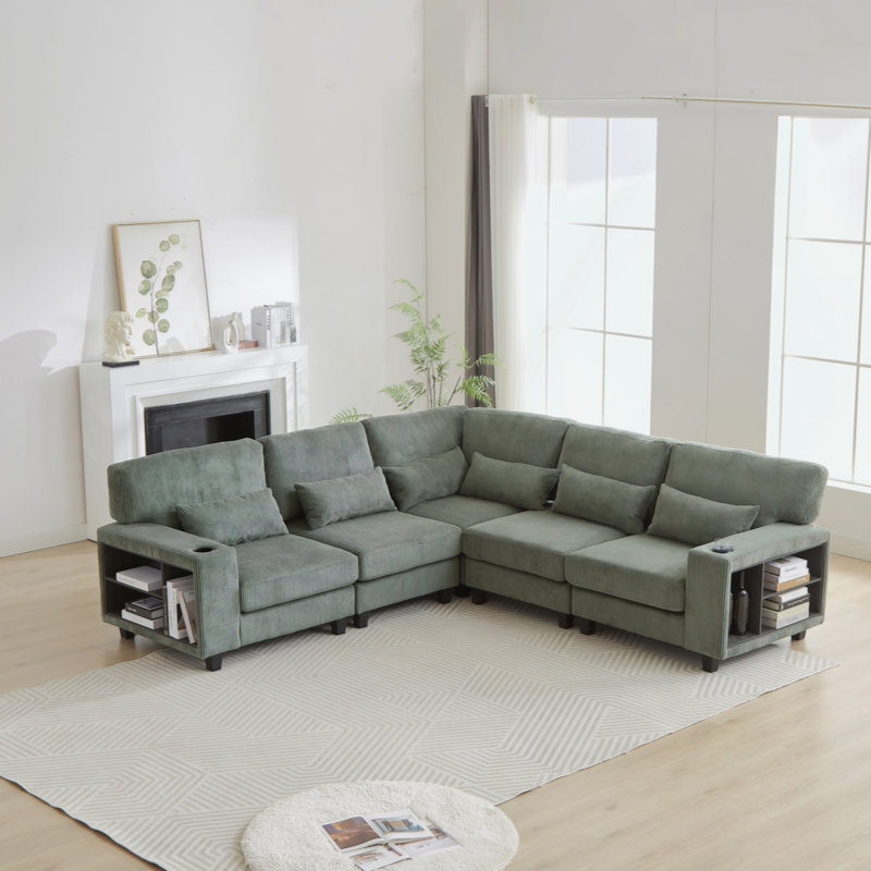 Canapé modulaire en L avec accoudoirs modulaires en forme de L avec rangement et porte-gobelet, Vert