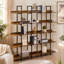 Bibliothèque ouverte à 5 niveaux, style industriel vintage avec structure en métal, étagères en MDF pour bureau à domicile