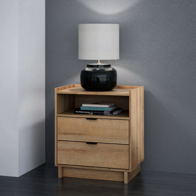 Table de chevet à 2 tiroirs de 23,75 po de large avec tablette ouverte Chaunta, table de chevet moderne, rangement de table de bout pour la chambre à coucher, le salon, le bureau, l 23,75 po x H 26,75 po x P 16 po, chêne naturel