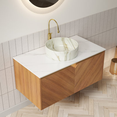 36" Bathroom Vanity&Sink, Floating Plywood Storage Cabinet, Twill Double Doors With Metal Trim, Stone Pattern White Round Ceramic Vessel Basin&Sintered Stone Top, Corolla Oak Woodgrain Color