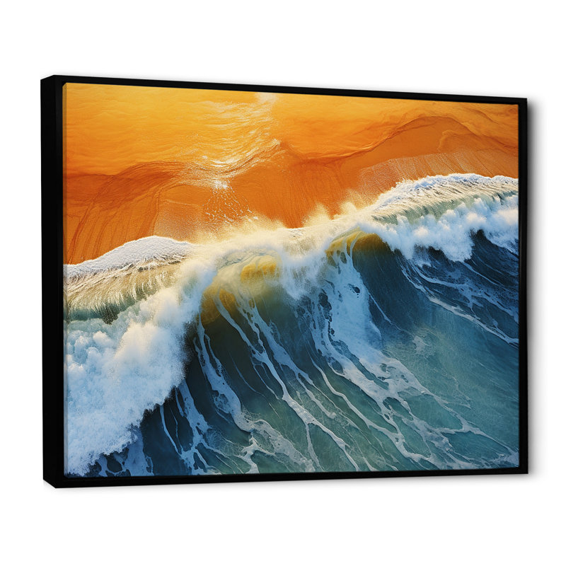 Vue aérienne de la plage bleue et orange III - art mural plage, Cadre flottant noir, H 30 po x l 40 po x P 1,5 po