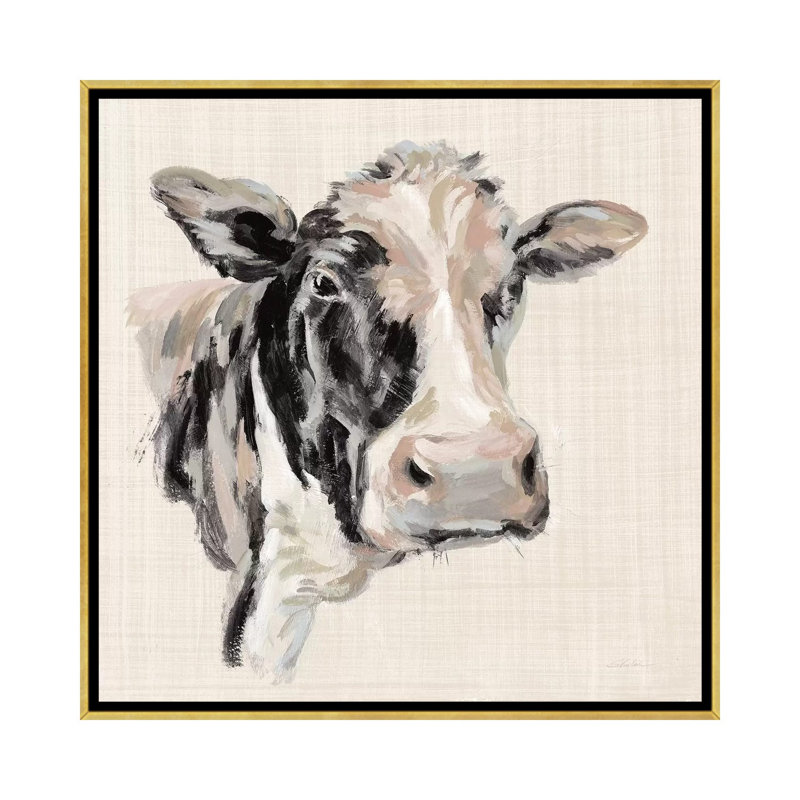 «Expressionistic Cow I Neutral Linen» par Silvia Vassileva - impression d'art graphique, Gold Framed, Pas de tapis