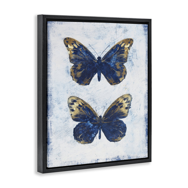 Gold & Blue Butterfly Framed Floater Canvas Wall Art by Filippo Ioco, 31" H x 25" W, Jet Black Floater Frame