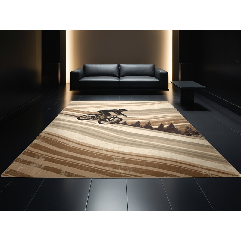 Machine Washable Yonkers Mountain Biker Downhill Rustic Striped Rug in Beige – Beige Binding, 8x10