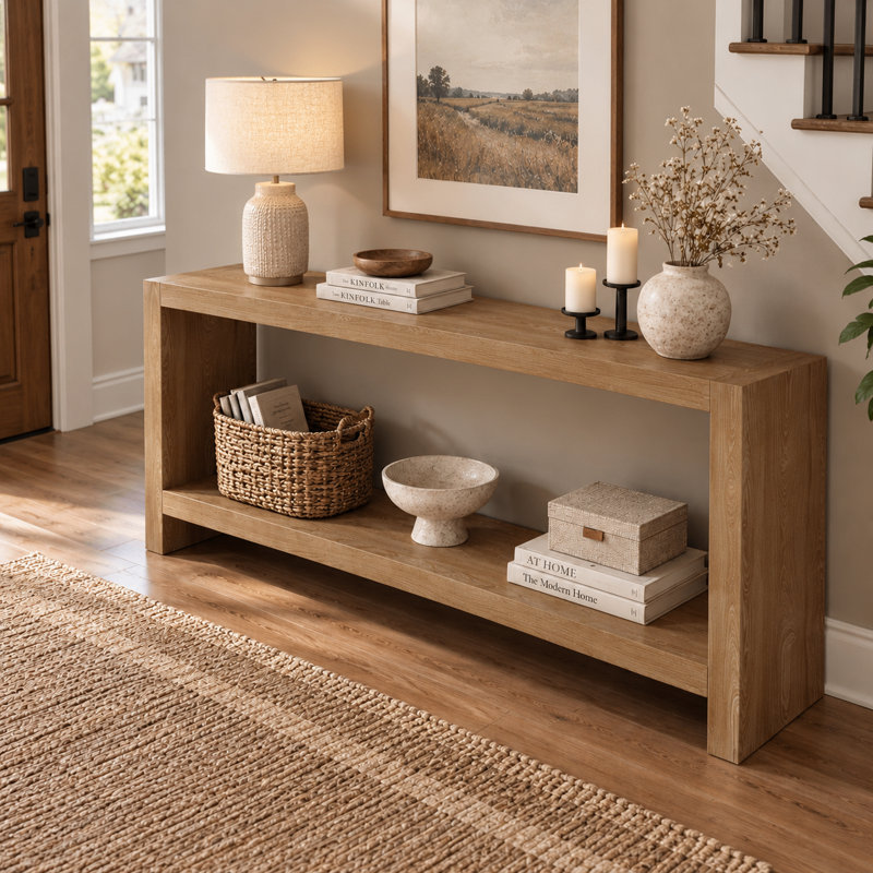 Console moderne de style campagnard à deux niveaux avec tablette ouverte et grand espace de rangement, idéale pour l'entrée, le salon, le couloir ou derrière un canapé. Parfait pour l'entrée, le salon ou pour se placer derrière un canapé.