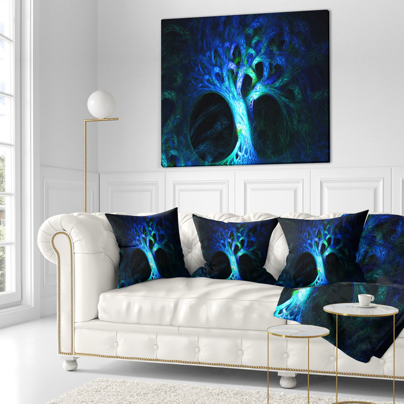 Arbre psychédélique bleu magique - coussin abstrait imprimé, 16 po x 16 po, Coussin décoratif