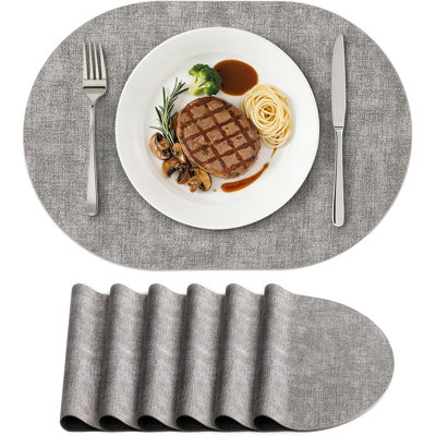 Tablecloth set (6 pieces), heat-resistant oval imitation leather tablecloth, size 11.8 x 17 inches, waterproof and wipeable double-sided PU tablecloth, suitable for kitchen tables, can be used indoors and outdoors, light gray