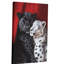 30*20，2D Flat, 1pc, Wooden Framed Canvas Art Print- Black Leopard& Snow Leopard Hugging on Red Background, Vertical Wall Decor with Hook Installation.