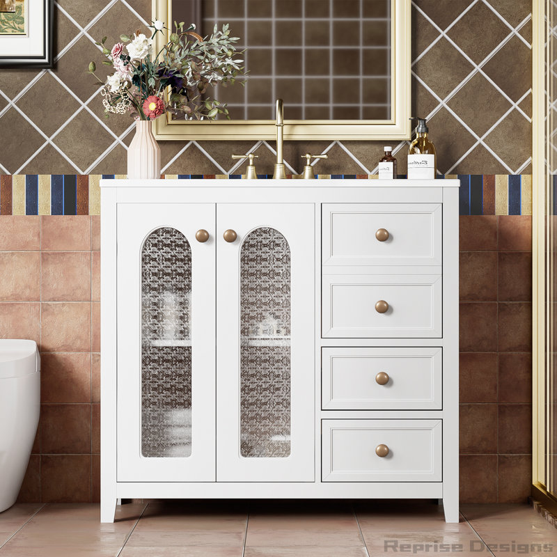 Meuble-lavabo de 36,02 pouces avec tablettes réglables et trois tiroirs, Blanc