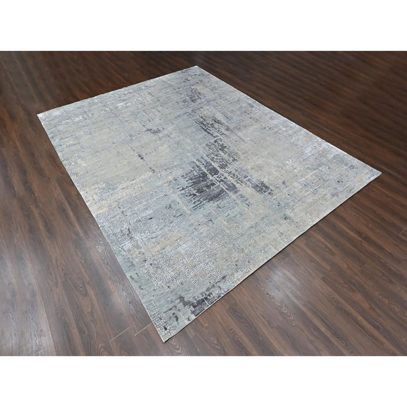 Tapis oriental 11 pi 10 po x 14 pi 9 po gris argenté, noué à la main, persan, en laine et en soie, tissé dense, abstrait à motif mosaïque, très grand, très grand