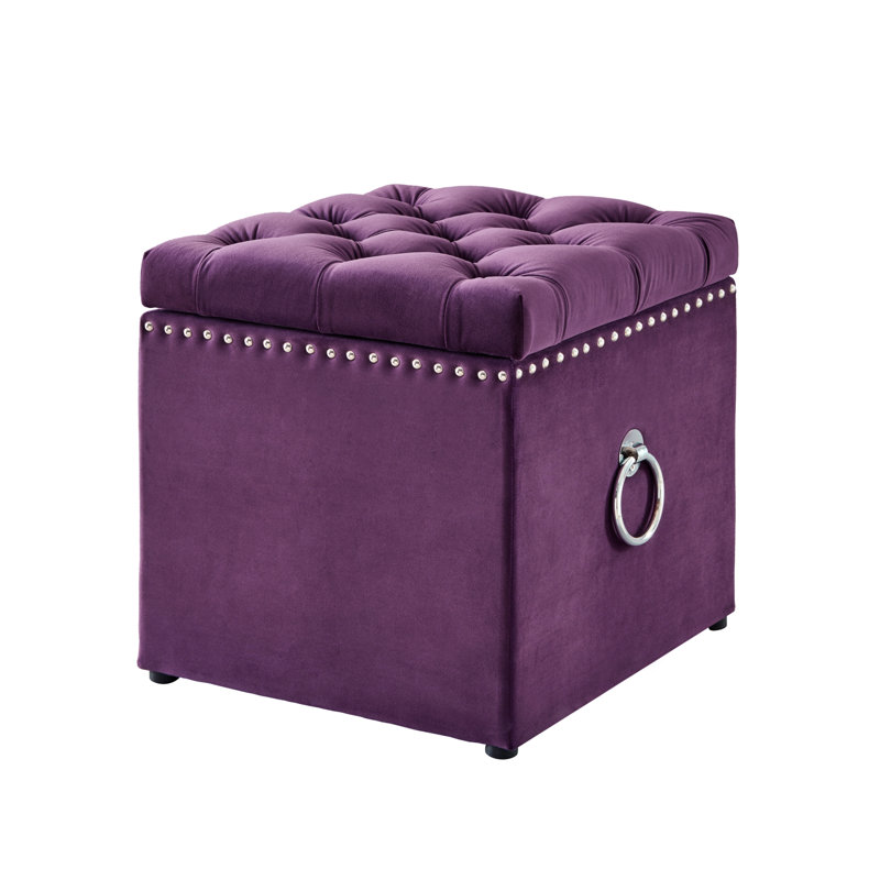 Ella Cube Storage Ottoman w/ Knob Nailhead Trim, Chrome, Purple Velvet