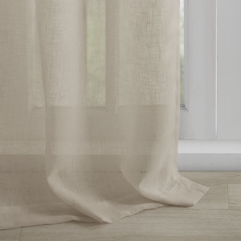 Linen Tab Top Sheer Curtain Panel with Floral Embellishments
