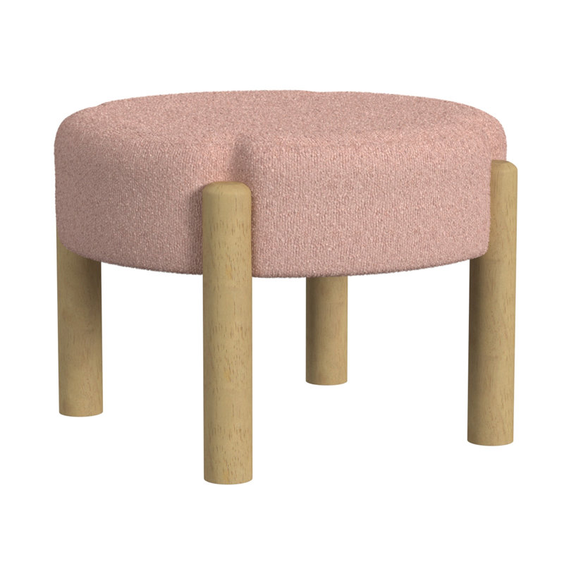 Eli 22 Inch Ottoman Footstool, Brown Boucle And Natural Hardwood, Blush Pink