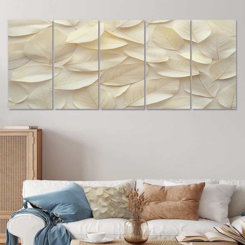 Feuilles ivoire feuillage Collae IV - feuilles, art mural - décoration murale traditionnelle, H 32 po x l 80 po, 5