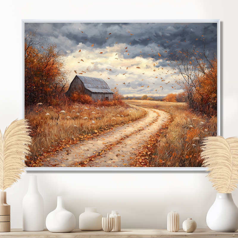 Dreshertown Windy Prairie Leaves Path To The Barn I - feuilles, art mural, H 12 po x l 20 po, Impression encadrée flottante