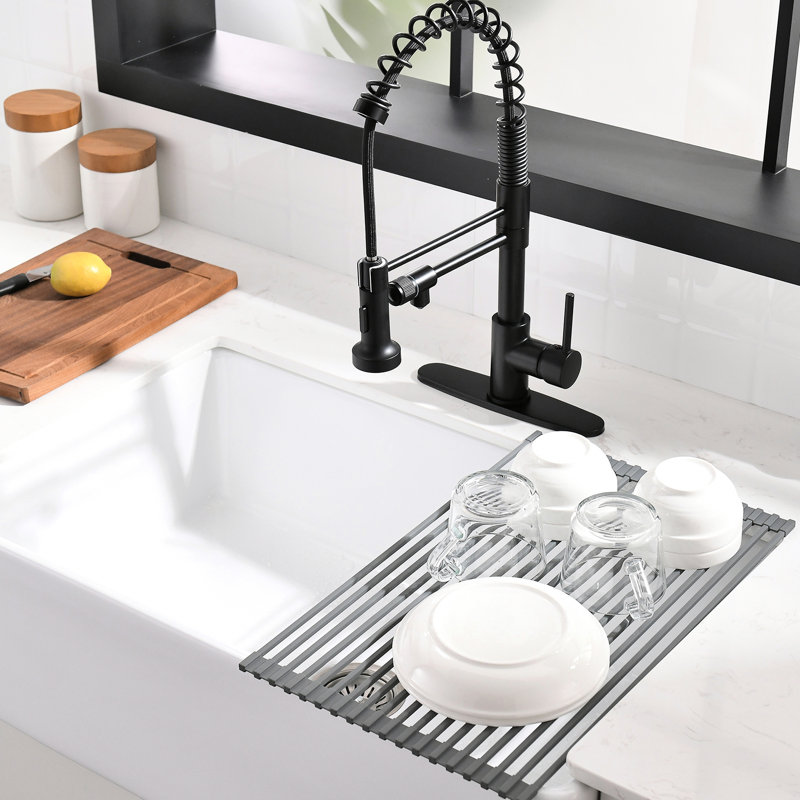 Matte Black Pull Down Water Filter Kitchen Sink Faucet With Roll Up Dish Drying Rack, 3 Way Drinking Faucet, Single Handle Dual Function Spray Head, Contemporary Style Made Of Solid Brass 44 Head And