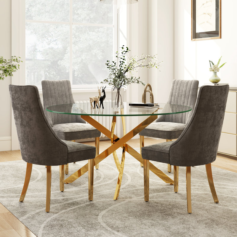 Modern Round Pedestal Dining Set with Chenille Dininig Chair, Gray Chairs, Gold, 5