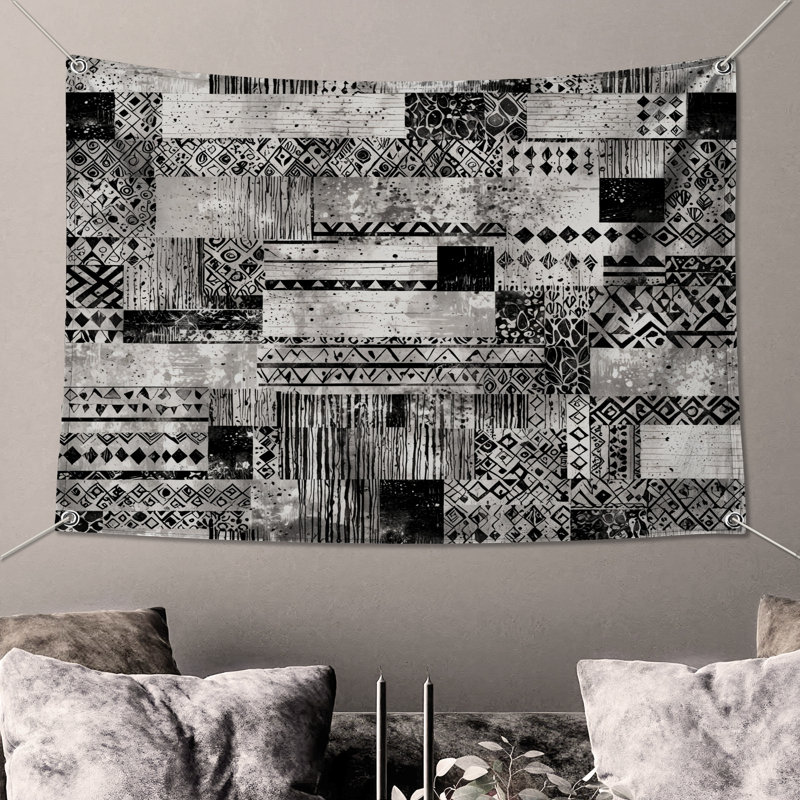 Tapisserie murale noire et blanche à motifs tribaux - Décoration murale tribale, H 68 po x l 80 po avec 4 œillets