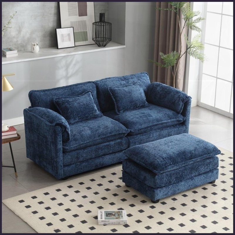 Canapé double moderne en chenille avec repose-pieds Poches latérales - sièges de salon moelleux, Marine