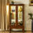3 Tier Oak Curio Cabinet With Mirrored Back And Magnetic Door Closure Floor Mounted In Tempered Glass Doors-537427713
