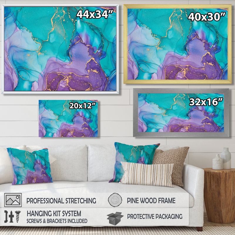 Turquoise et mauve liquide Art I - impression d'art moderne sur toile, H 16 po x l 32 po, Toile tendue